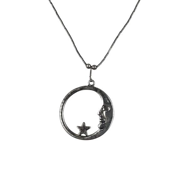 Vintage Liquid Silver Basic Clasp Sterling Silver Necklace Moon & Star Pendant - Picture 1 of 11